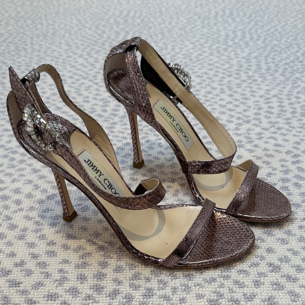 Jimmy Choo Metallic Rose Gold Snake Skin with diamond Clasp. Strappy Heels